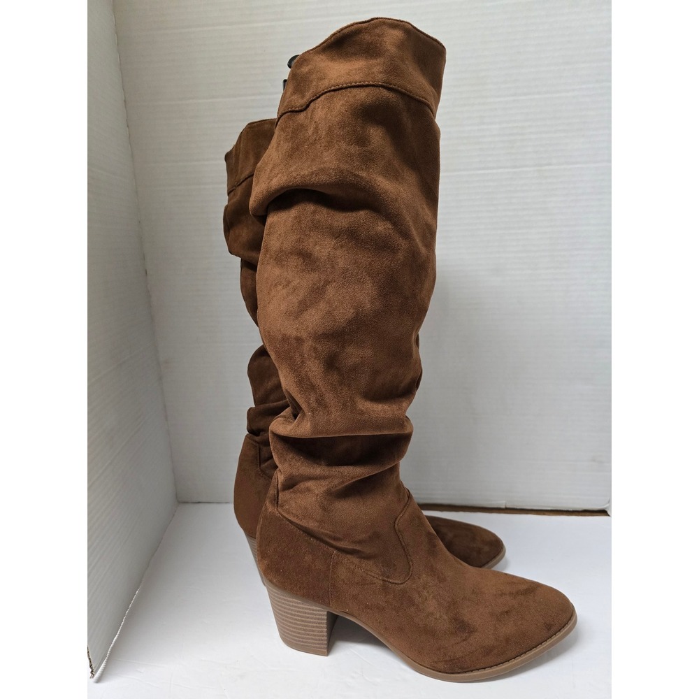 Time and Tru Womens Cognac Faux Suede Tall Slouch Boots Block Heel Size 10 NWT